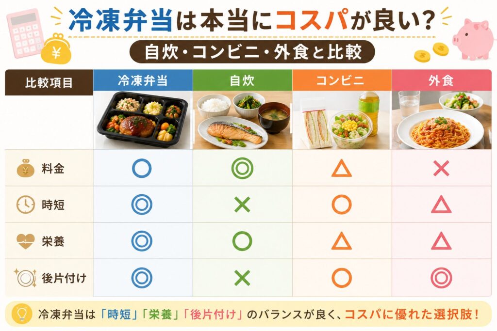冷凍弁当と自炊・コンビニ・外食を比較